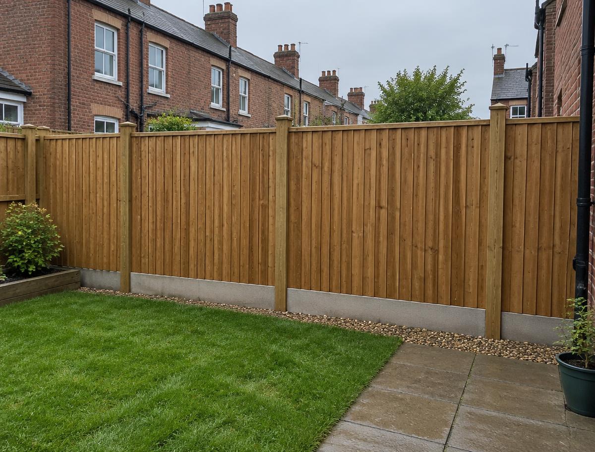 Illustration of a new closeboard timber fence with gravel boards in a brick terrace garden