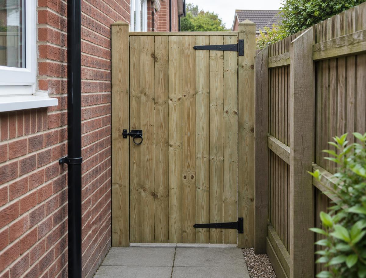 Illustration of a timber side gate with metal hinges and latch between a house and fence