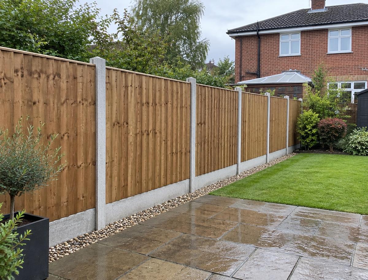Illustration of timber fence panels between concrete posts beside a suburban lawn